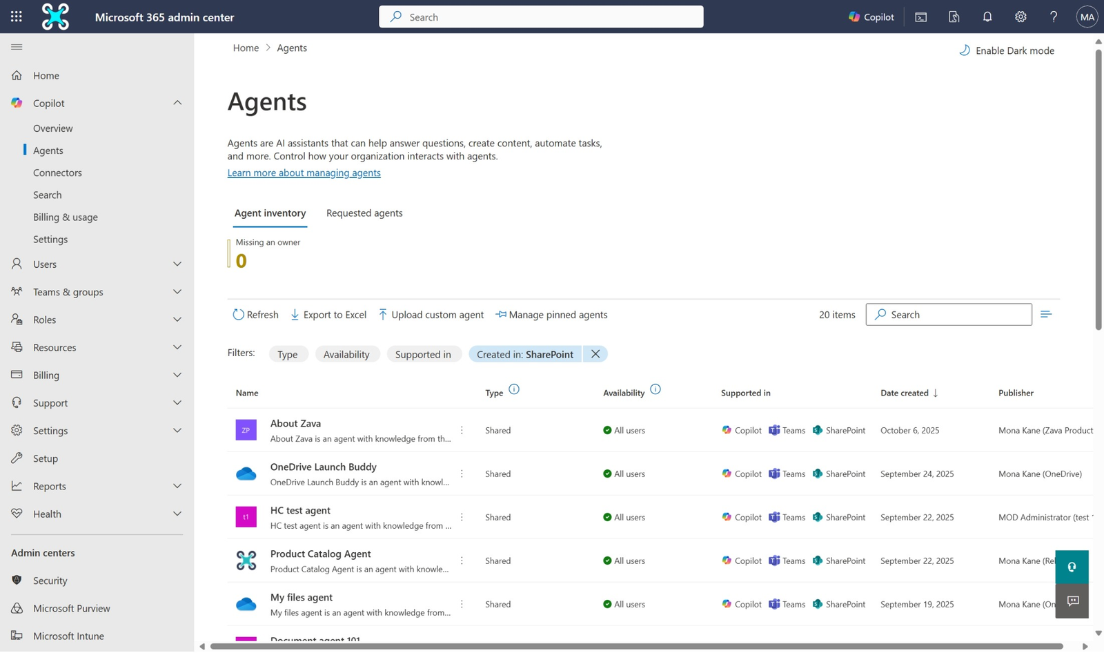 The Agents page in the Microsoft 365 admin center, showing the Agent inventory tab filtered to agents created in SharePoint.