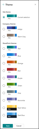 The Change the look theme panel in SharePoint, listing the default site, company and SharePoint themes.